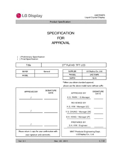 . Various Panel LG Display LM270WF5-SLA1 0 [DS]  . Various LCD Panels Panel_LG_Display_LM270WF5-SLA1_0_[DS].pdf
