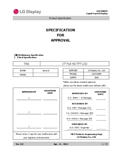 . Various Panel LG Display LM270WF5-SLB1 1 [DS]  . Various LCD Panels Panel_LG_Display_LM270WF5-SLB1_1_[DS].pdf