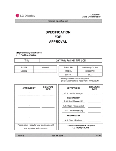 . Various Panel LG Display LM290WW1-SSZ1 0 [DS]  . Various LCD Panels Panel_LG_Display_LM290WW1-SSZ1_0_[DS].pdf