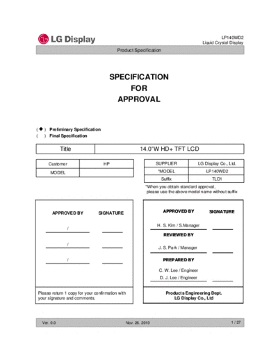 . Various Panel LG Display LP140WD2-TLD1 0 [DS]  . Various LCD Panels Panel_LG_Display_LP140WD2-TLD1_0_[DS].pdf