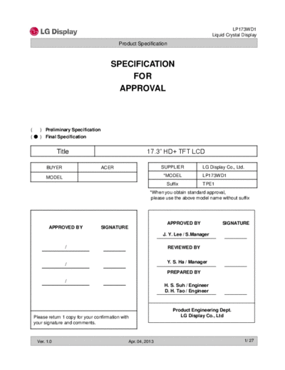 . Various Panel LG Display LP173WD1-TPE1 0 [DS]  . Various LCD Panels Panel_LG_Display_LP173WD1-TPE1_0_[DS].pdf