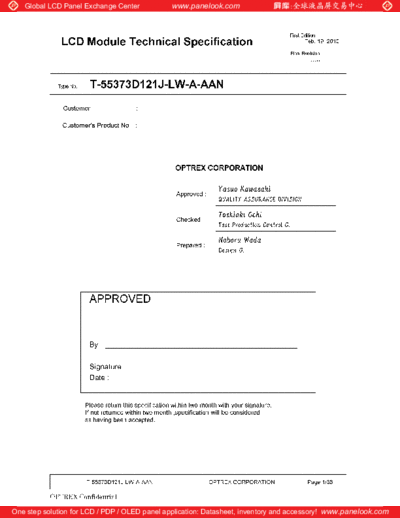 . Various Panel OPTREX T-55373D121J-LW-A-AAN 1 [DS]  . Various LCD Panels Panel_OPTREX_T-55373D121J-LW-A-AAN_1_[DS].pdf