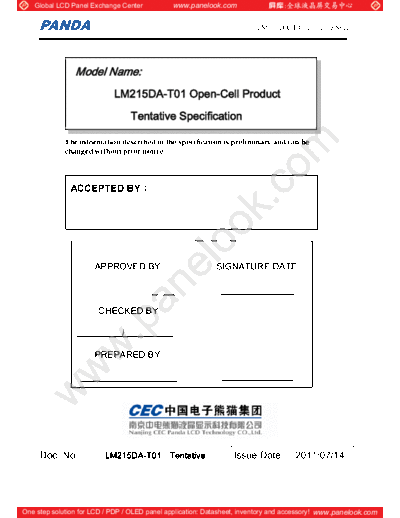 . Various Panel PANDA LM215DA-T01 1 [DS]  . Various LCD Panels Panel_PANDA_LM215DA-T01_1_[DS].pdf