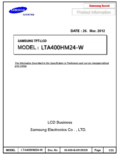 . Various Panel SAMSUNG LTA400HM24-W 0 [DS]  . Various LCD Panels Panel_SAMSUNG_LTA400HM24-W_0_[DS].pdf