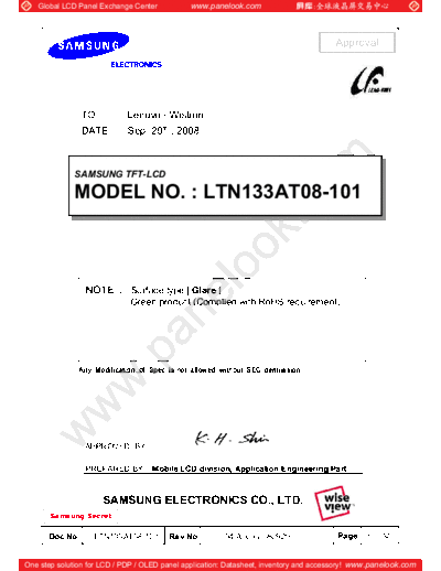 . Various Panel SAMSUNG LTN133AT08-101 0 [DS]  . Various LCD Panels Panel_SAMSUNG_LTN133AT08-101_0_[DS].pdf