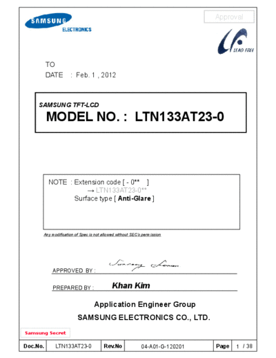 . Various Panel SAMSUNG LTN133AT23-001 0 [DS]  . Various LCD Panels Panel_SAMSUNG_LTN133AT23-001_0_[DS].pdf
