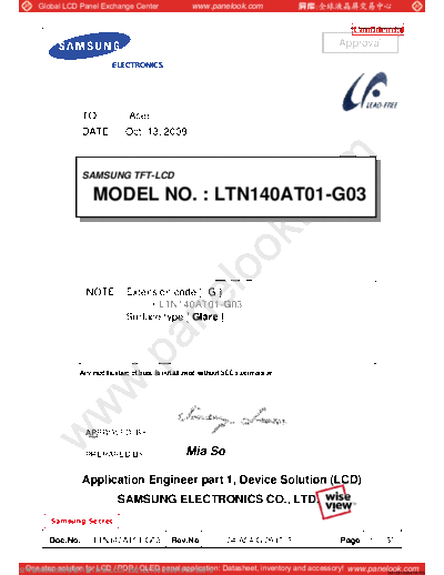 . Various Panel SAMSUNG LTN140AT01-G03 0 [DS]  . Various LCD Panels Panel_SAMSUNG_LTN140AT01-G03_0_[DS].pdf