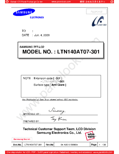 . Various Panel SAMSUNG LTN140AT07-301 0 [DS]  . Various LCD Panels Panel_SAMSUNG_LTN140AT07-301_0_[DS].pdf