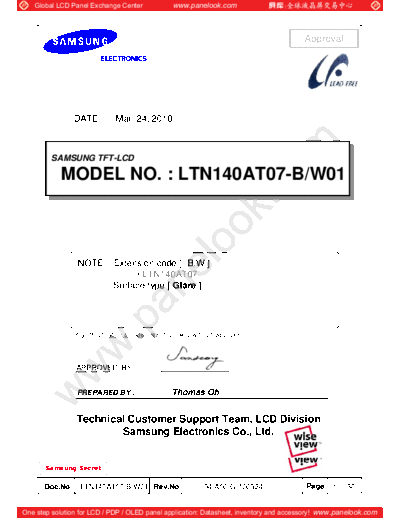 . Various Panel SAMSUNG LTN140AT07-B01 0 [DS]  . Various LCD Panels Panel_SAMSUNG_LTN140AT07-B01_0_[DS].pdf