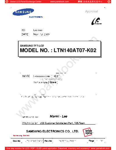 . Various Panel SAMSUNG LTN140AT07-K02 0 [DS]  . Various LCD Panels Panel_SAMSUNG_LTN140AT07-K02_0_[DS].pdf