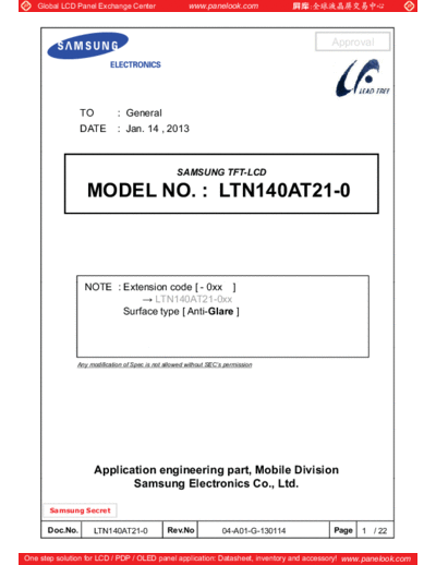 . Various Panel SAMSUNG LTN140AT21-001 0 [DS]  . Various LCD Panels Panel_SAMSUNG_LTN140AT21-001_0_[DS].pdf