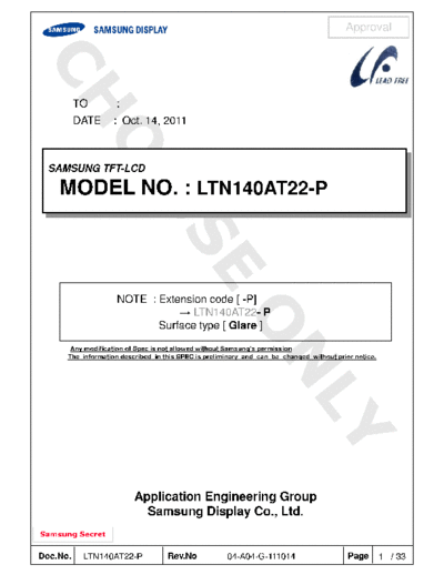 . Various Panel SAMSUNG LTN140AT22-P01 0 [DS]  . Various LCD Panels Panel_SAMSUNG_LTN140AT22-P01_0_[DS].pdf