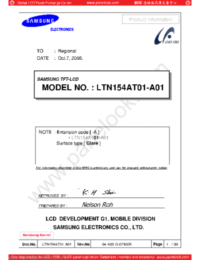 . Various Panel SAMSUNG LTN154AT01-A01 0 [DS]  . Various LCD Panels Panel_SAMSUNG_LTN154AT01-A01_0_[DS].pdf