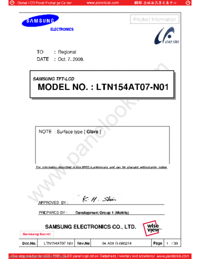 . Various Panel SAMSUNG LTN154AT07-N01 0 [DS]  . Various LCD Panels Panel_SAMSUNG_LTN154AT07-N01_0_[DS].pdf