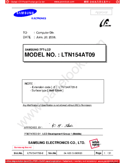 . Various Panel SAMSUNG LTN154AT09-801 0 [DS]  . Various LCD Panels Panel_SAMSUNG_LTN154AT09-801_0_[DS].pdf