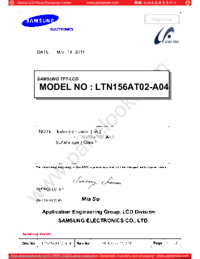 . Various Panel SAMSUNG LTN156AT02-A04 0 [DS]  . Various LCD Panels Panel_SAMSUNG_LTN156AT02-A04_0_[DS].pdf