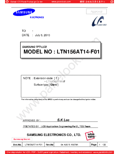 . Various Panel SAMSUNG LTN156AT14-F01 0 [DS]  . Various LCD Panels Panel_SAMSUNG_LTN156AT14-F01_0_[DS].pdf