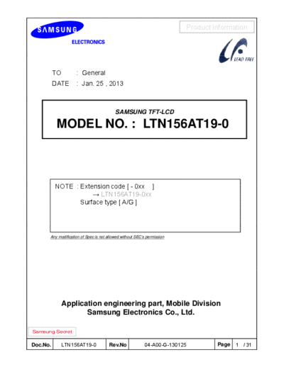 . Various Panel SAMSUNG LTN156AT19-001 0 [DS]  . Various LCD Panels Panel_SAMSUNG_LTN156AT19-001_0_[DS].pdf