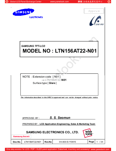 . Various Panel SAMSUNG LTN156AT22-N01 0 [DS]  . Various LCD Panels Panel_SAMSUNG_LTN156AT22-N01_0_[DS].pdf