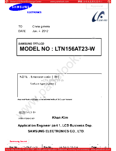 . Various Panel SAMSUNG LTN156AT23-W01 0 [DS]  . Various LCD Panels Panel_SAMSUNG_LTN156AT23-W01_0_[DS].pdf