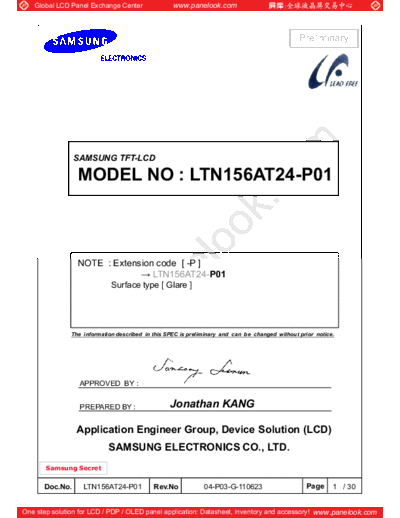 . Various Panel SAMSUNG LTN156AT24-P01 0 [DS]  . Various LCD Panels Panel_SAMSUNG_LTN156AT24-P01_0_[DS].pdf