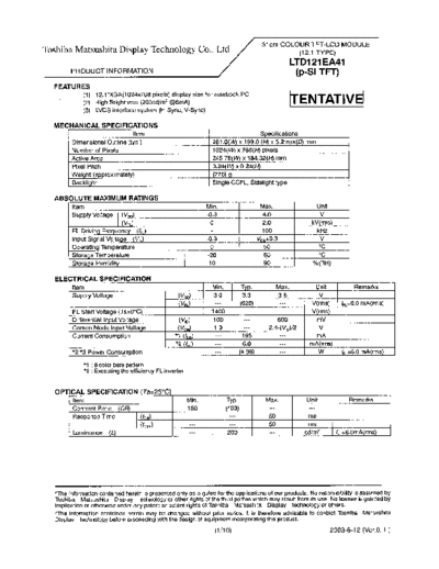 . Various Panel Toshiba Matsushita LTD121EA41 0 [DS]  . Various LCD Panels Panel_Toshiba_Matsushita_LTD121EA41_0_[DS].pdf