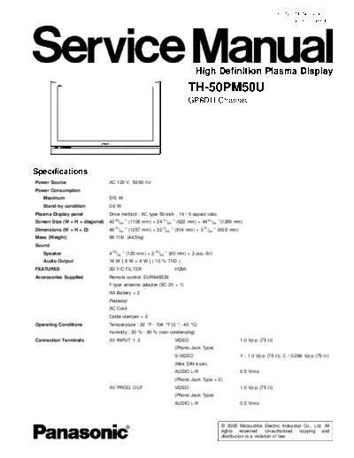 panasonic GP8DU TH-50PM50U  panasonic PDP GP8DU TH-50PM50U.pdf