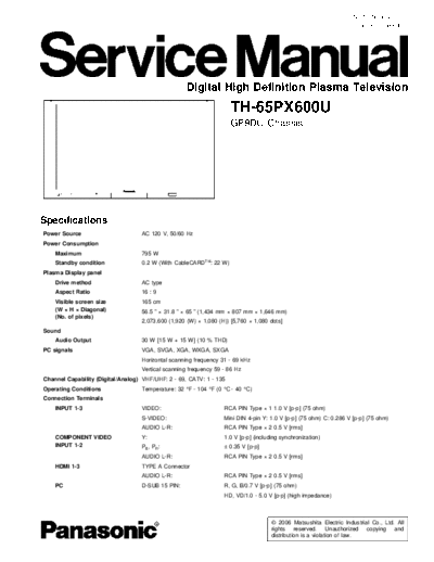 panasonic GP9DU TH-65PX600U  panasonic PDP GP9DU TH-65PX600U.pdf