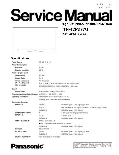 panasonic GP10DHU TH-42PZ77U  panasonic PDP GP10DHU TH-42PZ77U.pdf