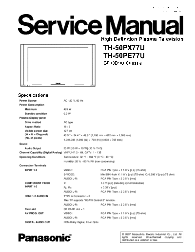 panasonic GP10DHU TH-50PX77U TH-50PE77U  panasonic PDP GP10DHU TH-50PX77U TH-50PE77U.pdf