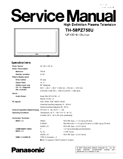 panasonic GP10DHU TH-58PZ750U  panasonic PDP GP10DHU TH-58PZ750U.pdf