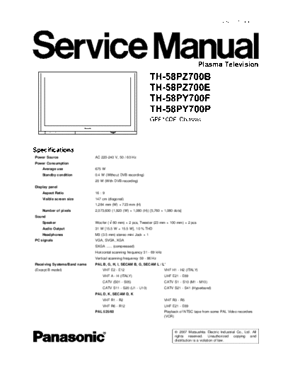 panasonic GPF10DE TH-58PZ700B TH-58PZ700E TH-58PY700F TH-58PY700P  panasonic PDP GPF10DE TH-58PZ700B TH-58PZ700E TH-58PY700F TH-58PY700P.pdf