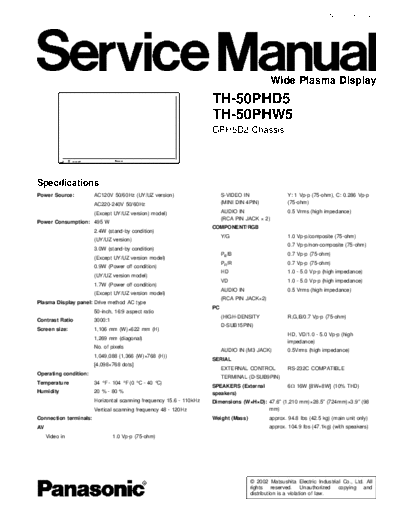 panasonic GPH5D2 TH-50PHD5 TH-50PHW5  panasonic PDP GPH5D2 TH-50PHD5 TH-50PHW5.pdf