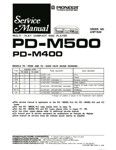 Pioneer hfe   pd-m400 m500 service  Pioneer CD PD-M500 hfe_pioneer_pd-m400_m500_service.pdf