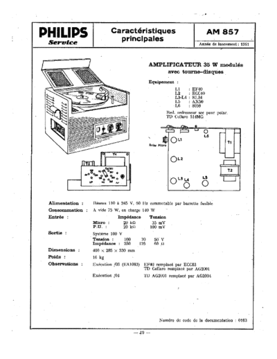 Philips AM857 Recordplayer-Amplifier 1951 SM  Philips Historische Radios AM 857 Philips_AM857_Recordplayer-Amplifier_1951_SM.pdf