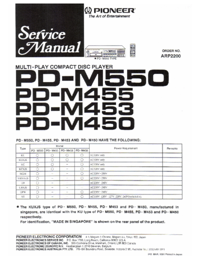Pioneer hfe   pd-m450 m453 m455 m550 service arp2200 en fr  Pioneer CD PD-M450 hfe_pioneer_pd-m450_m453_m455_m550_service_arp2200_en_fr.pdf