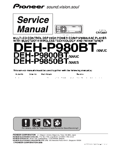 Pioneer DEH-P980BT P9800BT P9850BT (CRT3687)  Pioneer Car Audio DEH-P980BT Pioneer DEH-P980BT_P9800BT_P9850BT (CRT3687).pdf