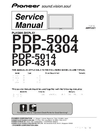 Pioneer +PDP-5004 4304 5014 4314+(ARP3221)+Plasma+Tv+Service+Manual  Pioneer Plasma TV PDP-5004, PDP-4304, PDP-5014, PDP-4314 PIONEER+PDP-5004_4304_5014_4314+(ARP3221)+Plasma+Tv+Service+Manual.pdf
