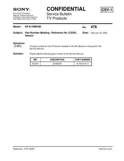 Sony TVP0476  Sony sony tv bulletins sony tv bulletins TVP0476.pdf