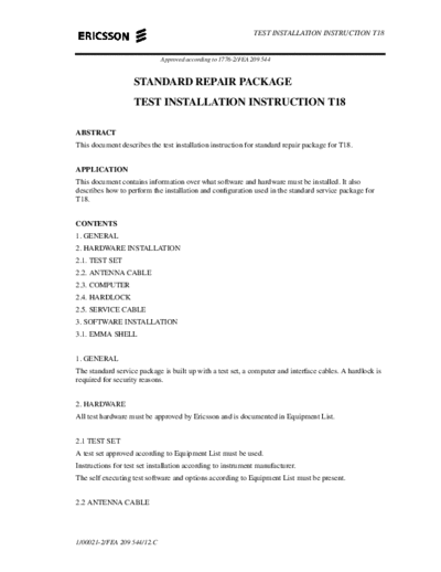 Ericsson Test Installation  . Rare and Ancient Equipment Ericsson Mobile Phones ERICSSON T10, T18 ERICSSON T10, T18 1 Test Installation.pdf