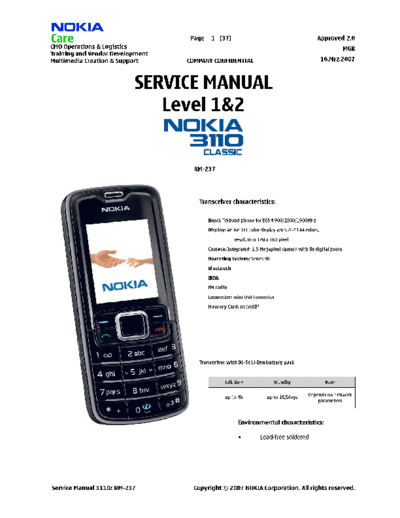 NOKIA 3110c RM-237 SM Level 1&2  NOKIA Mobile Phone 3110c 3110c_RM-237_SM_Level_1&2.pdf