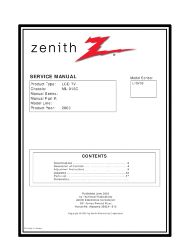 ZENITH L15V36  ZENITH TV L15V36 Zenith L15V36.rar