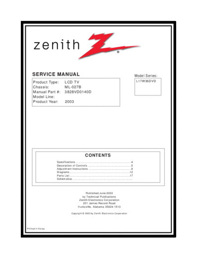 ZENITH L17V36DVD  ZENITH TV L17V36 Zenith L17V36DVD.zip