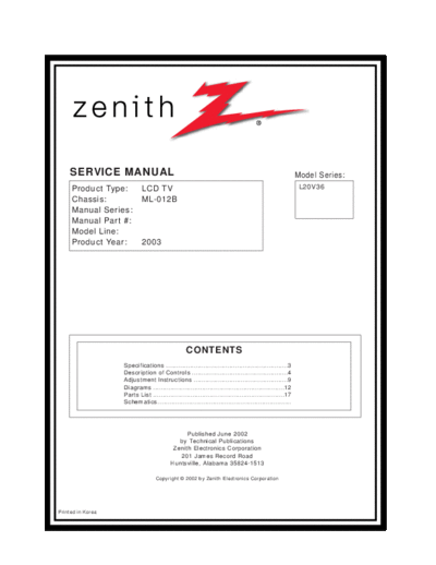 ZENITH L20V36  ZENITH TV L20V36 Zenith L20V36.zip