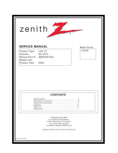 ZENITH L23W36 LCD TV SM  ZENITH TV L23W36 Zenith L23W36 LCD TV_SM.zip