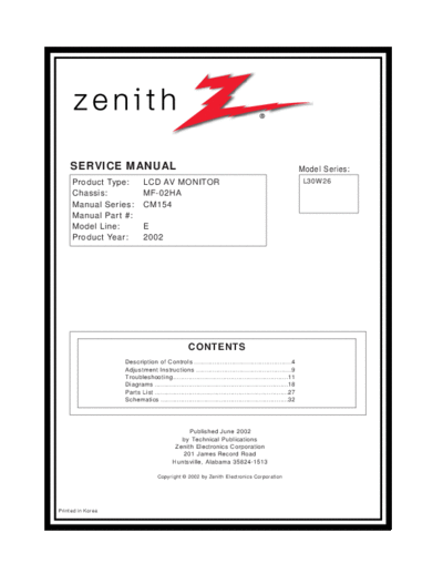 ZENITH L30W26  ZENITH TV L30W26 Zenith L30W26.zip