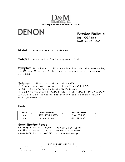 DENON Service Bulletin OST-614  DENON AV Surround Receiver AV Surround Receiver Denon - AVR-1601 & 681 Service Bulletin OST-614.PDF