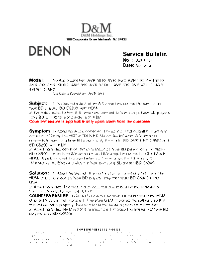 DENON Service Bulletin DZ10-034  DENON AV Surround Receiver AV Surround Receiver Denon - AVR-1610 Service Bulletin DZ10-034.PDF