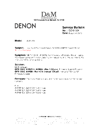 DENON Service Bulletin DZ10-024  DENON AV Surround Receiver AV Surround Receiver Denon - AVR-2311CI & AVR-891 Service Bulletin DZ10-024.PDF