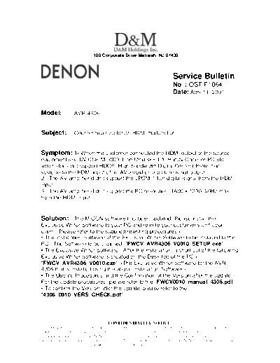 DENON Service Bulletin OST-F1064  DENON AV Surround Receiver AV Surround Receiver Denon - AVR-4306 Service Bulletin OST-F1064.PDF